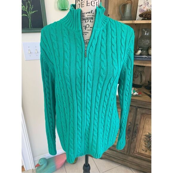 LL Bean Sweater Large Green Cable Knit Full Zip Cardigan - Picture 4 of 7